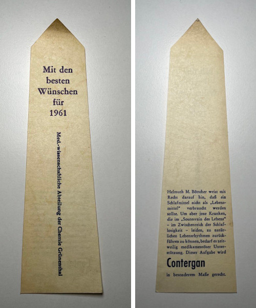 Eine Abbildung eines Werbemittels des Pharmaunternehmens Grünenthal, ein Lesezeichen.