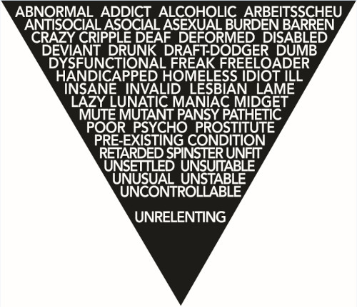 A poster by the artist Elizabeth Sweeney in the shape of a triangle, with its pinnacle pointing downwards