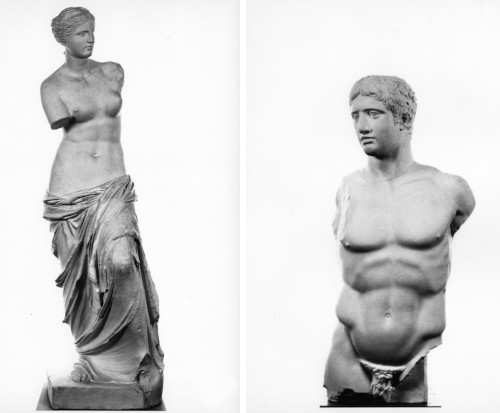 An image of the Venus de Milo Greek statue on the left, and the Torso of Doryphoros statue with head on the right